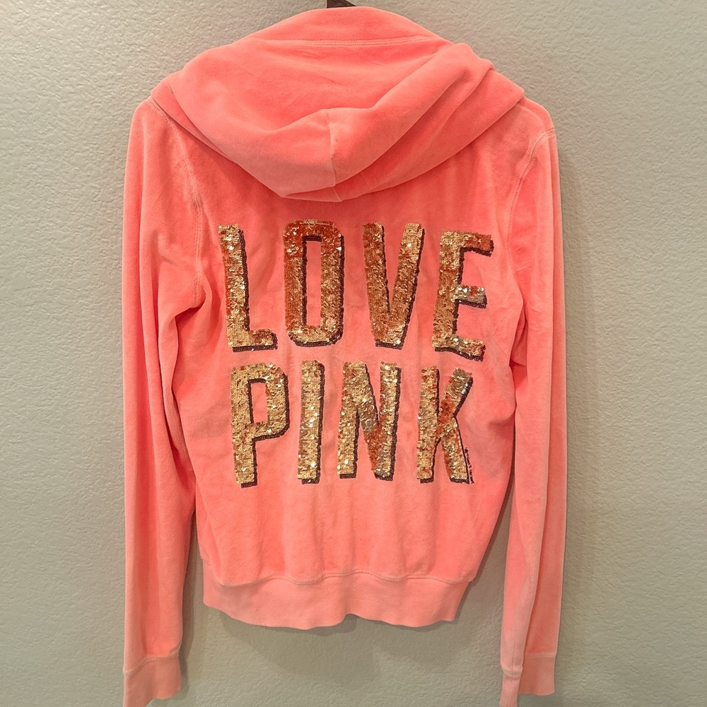 Y2K Victoria’s Secret Coral Orange Velvet Velour Full Zip Hoodie Jacket Gold M